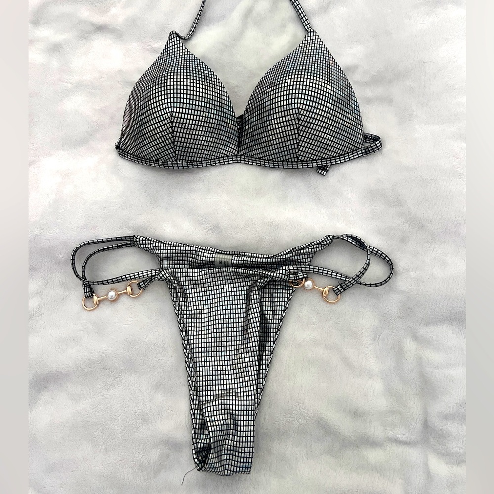 Faux pearl push up bikini